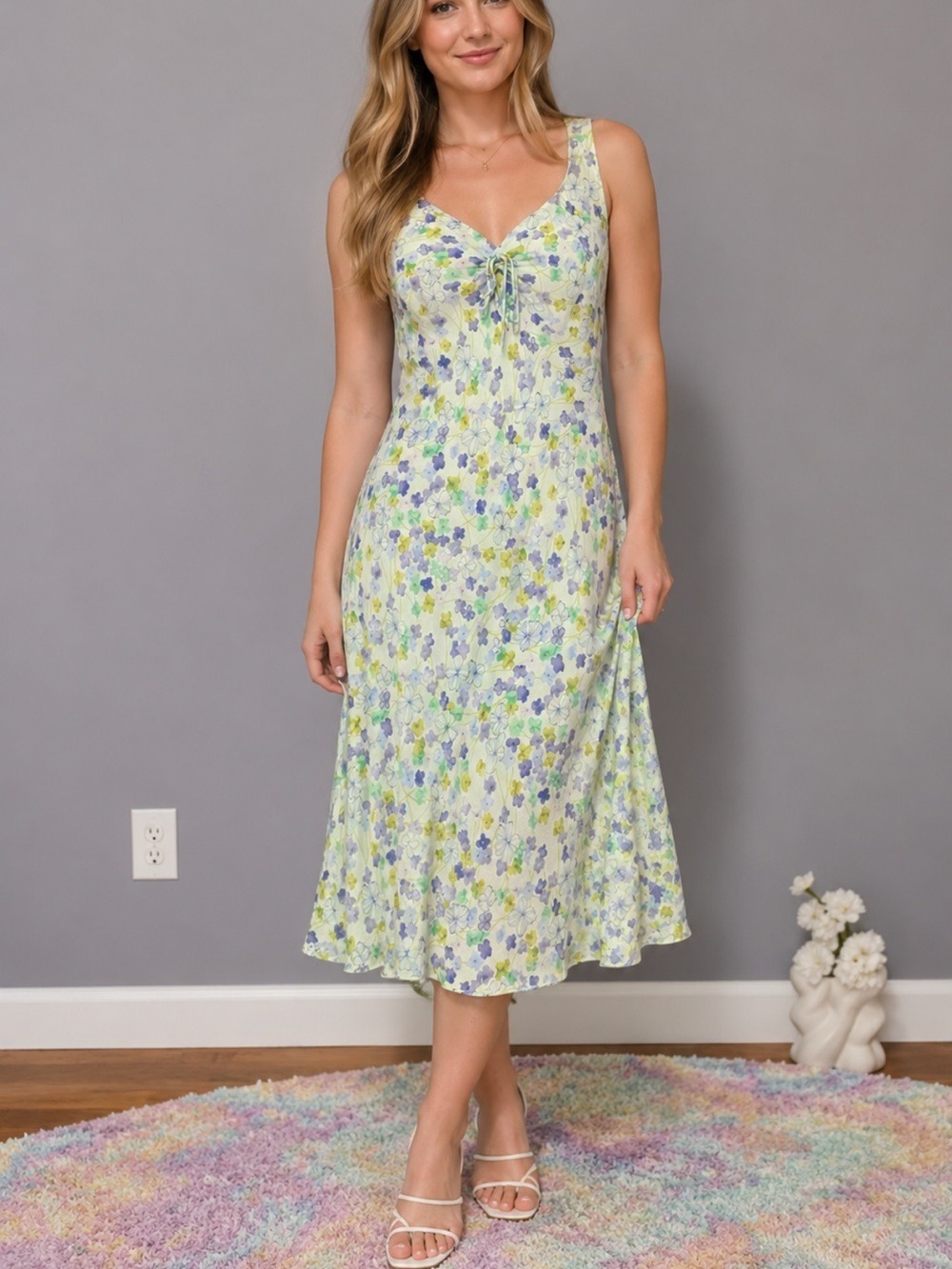 LOFT sz 6 midi floral feminine sundress Green and Purple Sleeveless v neck Neck